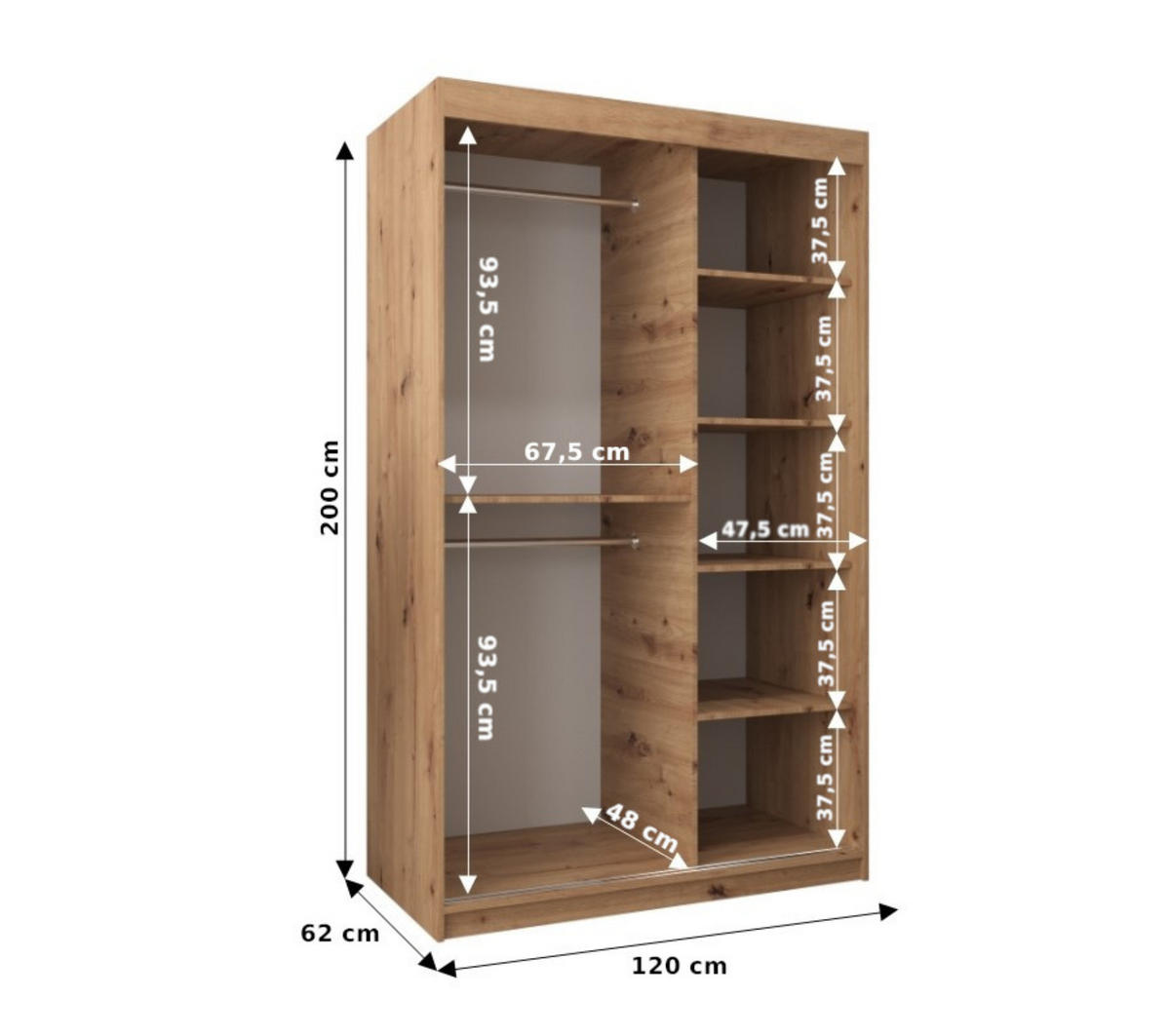 SCHWEBETÜRENSCHRANK 200/120/62 2-türig - Silberfarben/Eiche Artisan, Holz/Kunststoff (120/200/62cm) - Abiks Möbel
