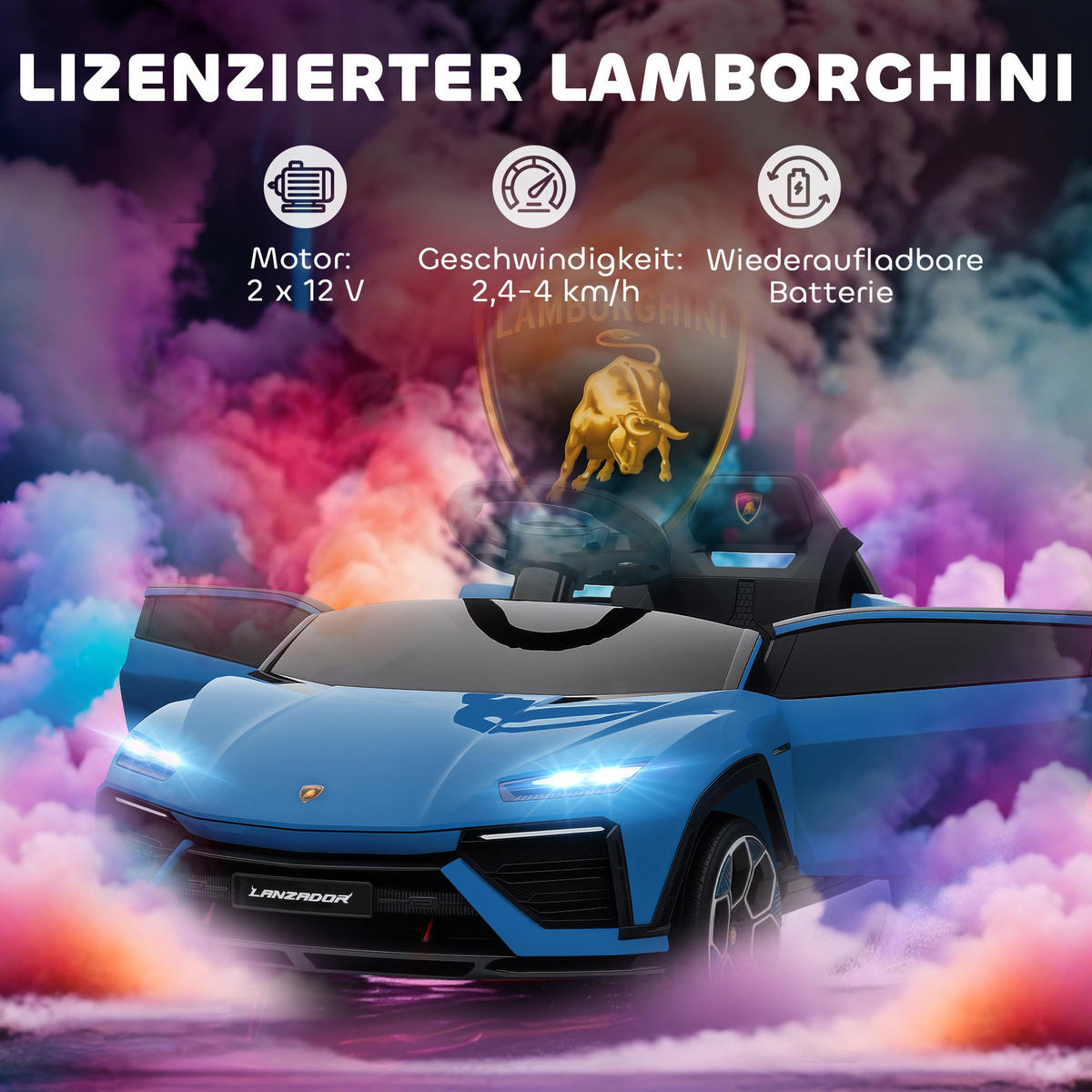 KINDER-ELEKTROAUTO 12V Kinderauto mit 2,4 GHz Fernbedienung, 2 Motor LED, Musik - Blau, Kunststoff (101.5/49/43cm) - AIYAPLAY