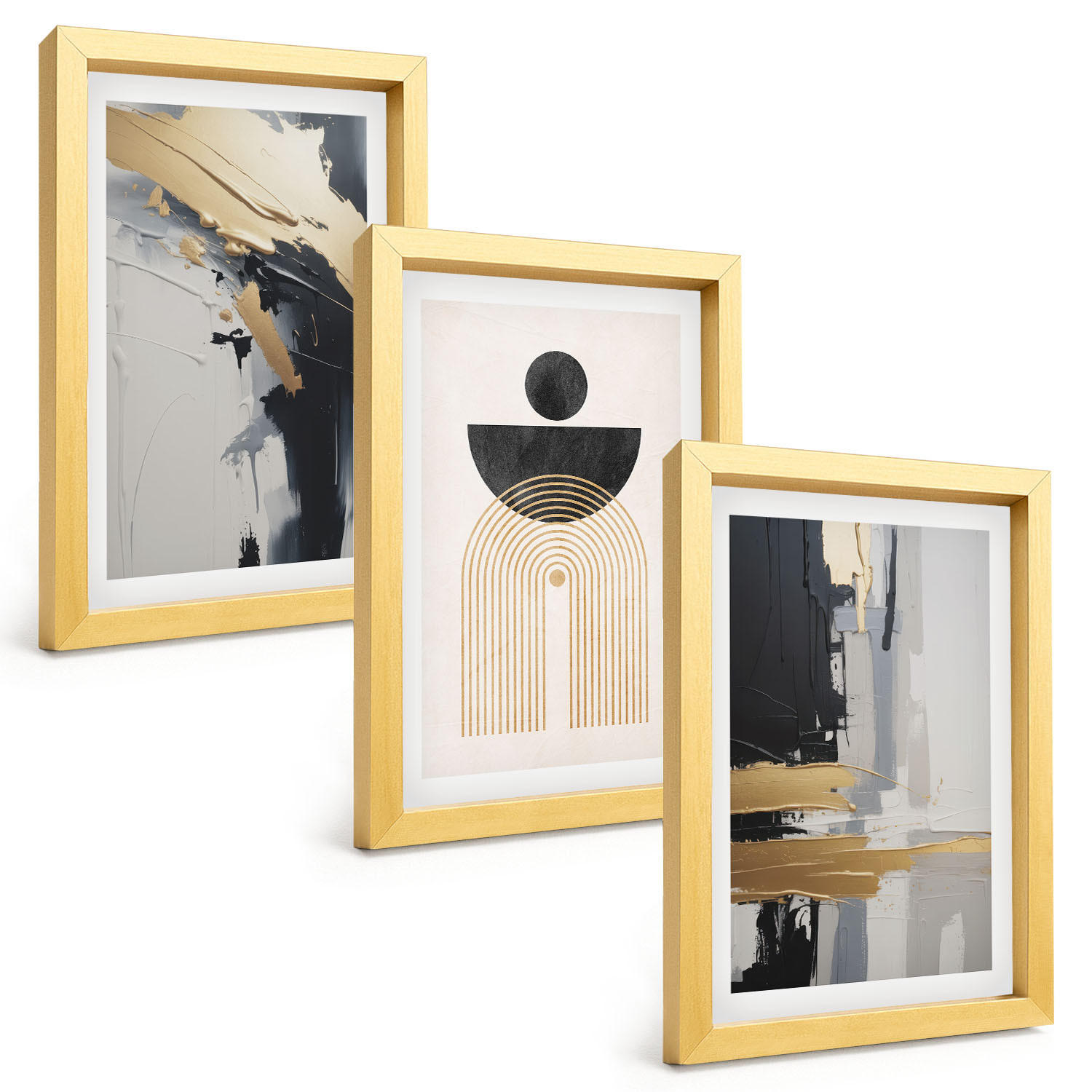 BILDER SET 3er Set - 20x30 cm Goldrahmen - Abstrakte Geometrie Eleganz - Goldfarben, Kunststoff (20/30cm) - TULUP