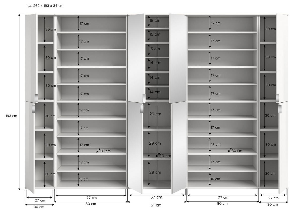 GARDEROBENKOMBINATION 5tlg. Projekt X Garderobe in weiß Nb. und weiß hochglanz B/H/T: 281x193x34 cm - Weiß, Holzwerkstoff (262/191/37cm)