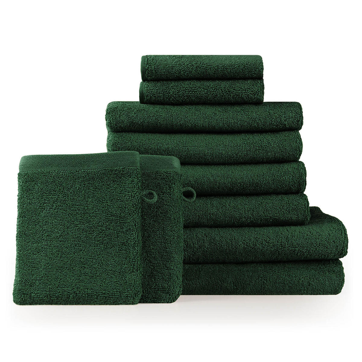 HANDTUCH 8-teilig, 2x Badetuch 70/140 + 4x Handtuch 50/100 + 2x Gästetuch 30/30 + 2x Waschlappen 15/20 cm, Dunkelgrün - Dunkelgrün, Textil (70/140cm) - Blumtal