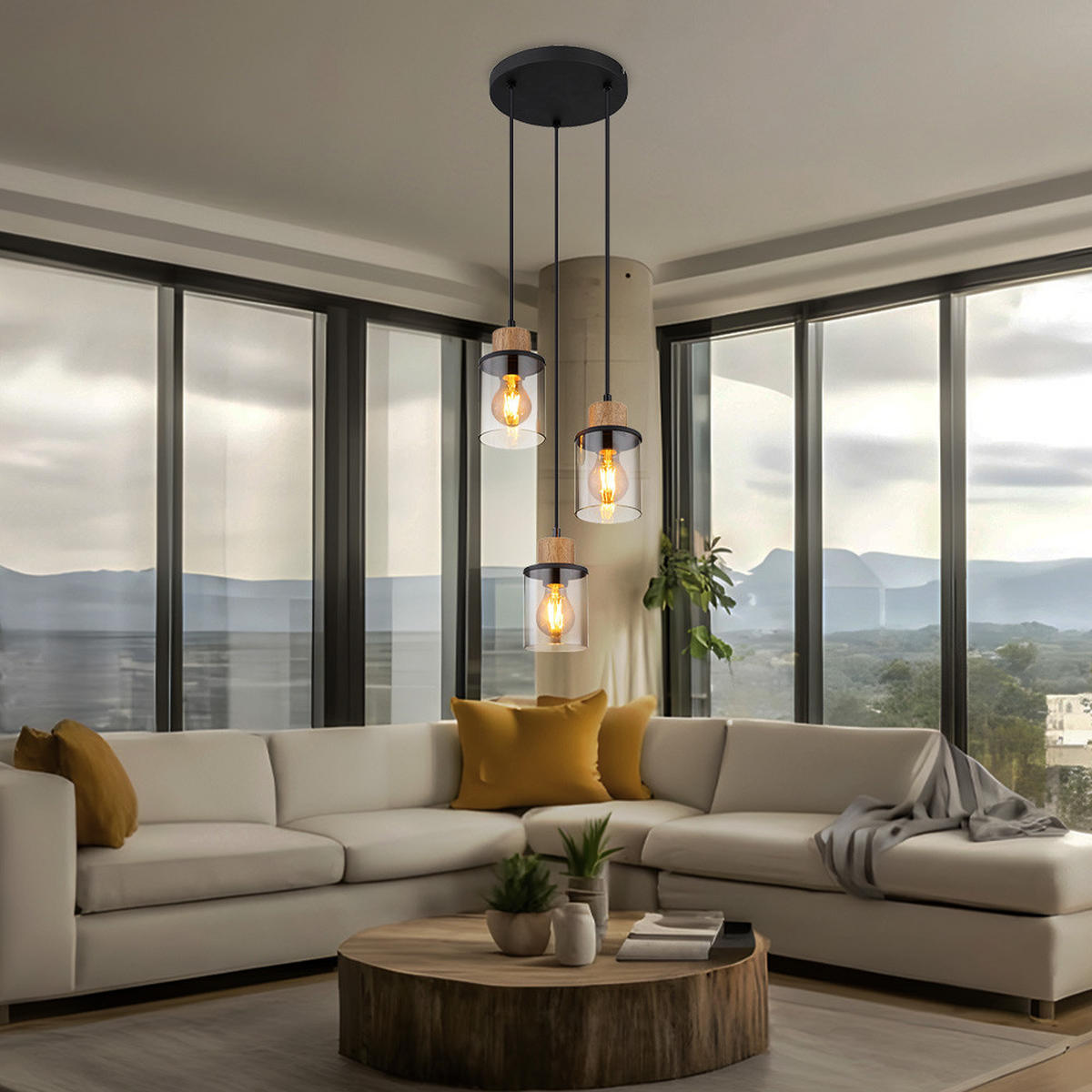 LED HÄNGELEUCHTE Metall Schwarz-matt Glas Rauchfarbe - Schwarz, Holz (27/27/120cm) - Globo Lighting