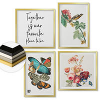 WANDBILDER 4er Set - 50x50 cm & 40x60 cm Goldrahmen - Blumen, Schmetterlinge, Vögel, Pastellfarben - Goldfarben, Kunststoff (50/50cm) - ArtPrintCave