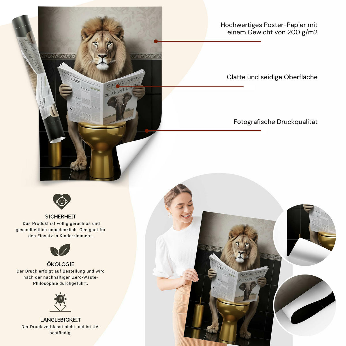 POSTER für WC Badezimmer LÖWE in Toilette Zeitung Abstraktion 30x40cm - Gelb/Beige, Papier (30/40/40cm) - Muralo