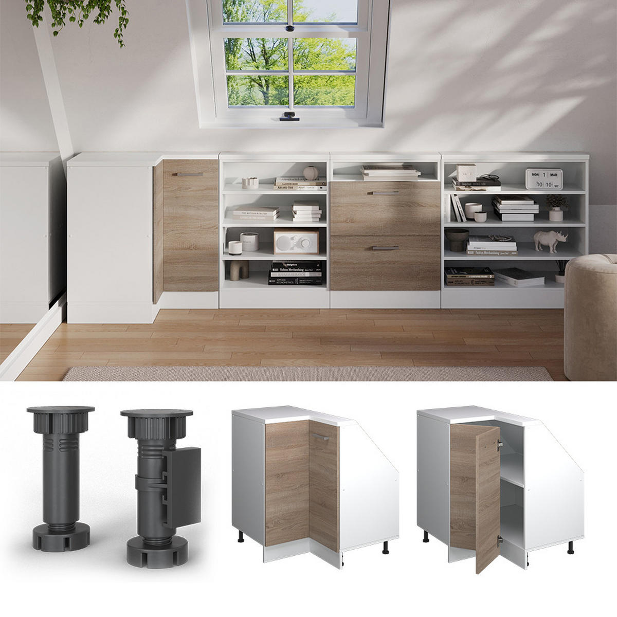 DACHSCHRÄGENSCHRANK ECKSCHRANK Rion Sonoma/Weiß 75.6 x 81.6 cm mit 1 Tür - Weiß/Sonoma Eiche, Holzwerkstoff (75.6/81.6/75.6cm) - Vicco