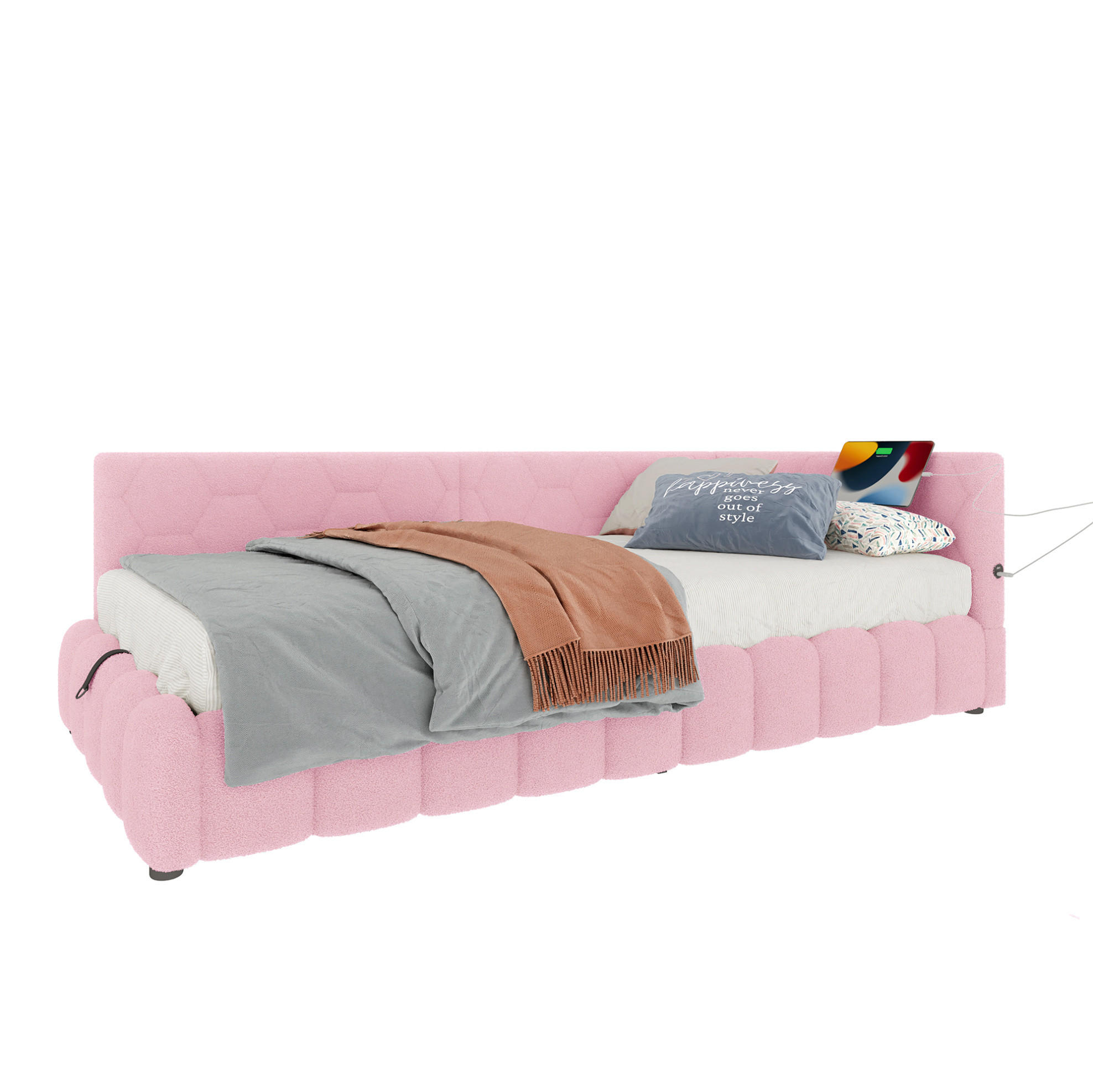 Modfu ČALOUNĚNÁ postel z velvetu 90x200 cm růžová s LED osvětlením, USB, portem Typ-C a hydraulickým úložným prostorem