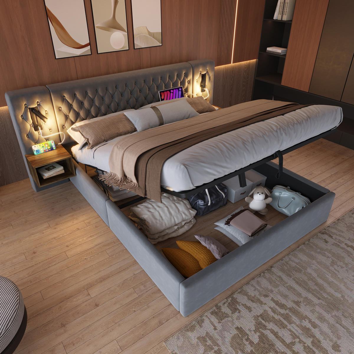 POLSTERBETT 160/200 cm mit hydraulischem Bettkasten, LED-Leselicht & USB/Type-C, Grau Samt - Grau, Textil (160/200cm) - Redom