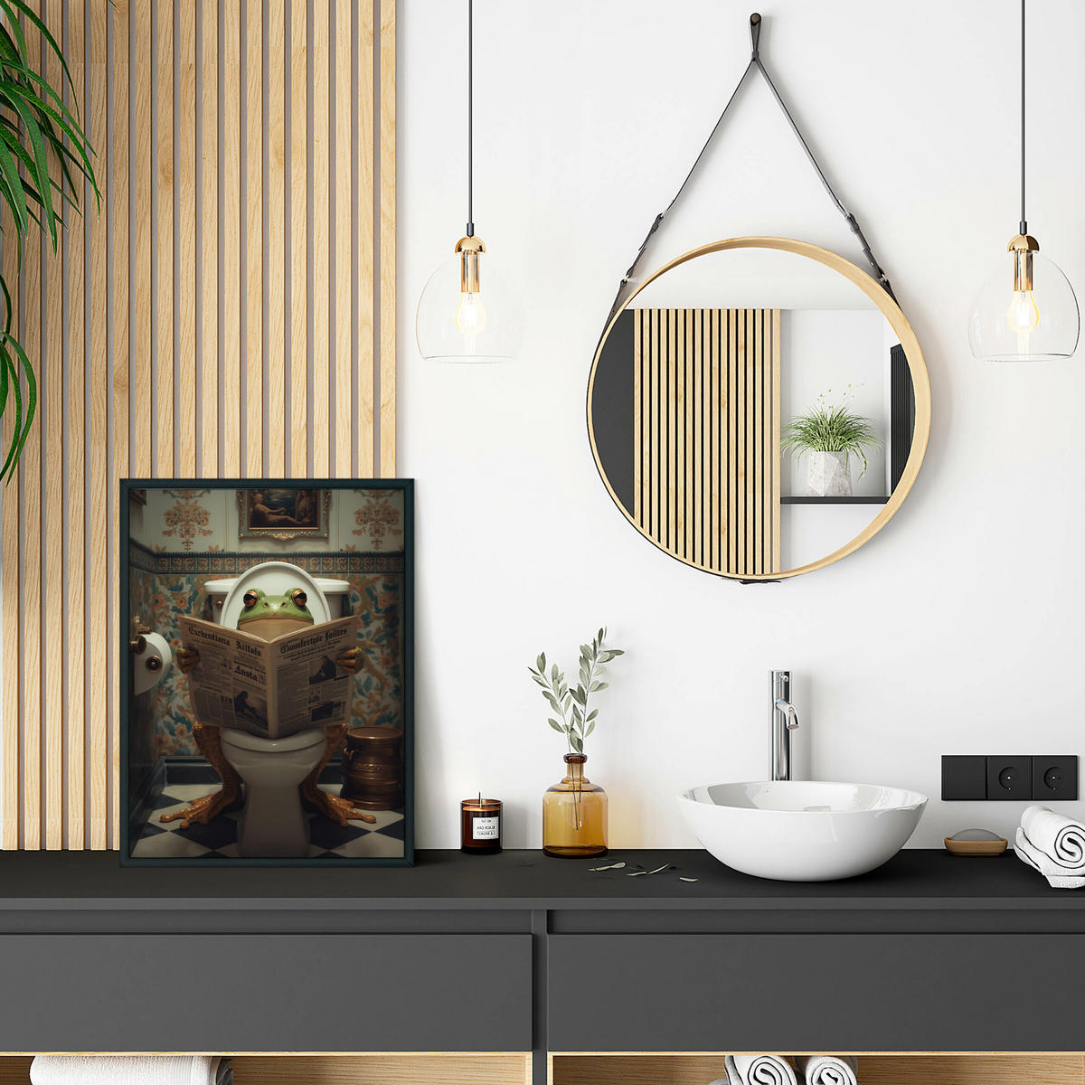 POSTER für WC Badezimmer FROSCH in Toilette Retro Zeitung Abstraktion 50x70cm - Beige/Schwarz, Papier (50/70/70cm) - Muralo