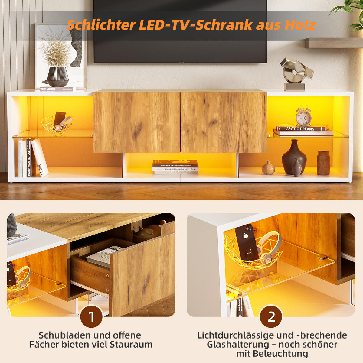 TV ormarić 160/40/42 cm antikno bijeli i prirodna boja hrasta od iverice s LED rasvjetom - svijetlo smeđa, drvni materijal (160/42/40cm) - OKWISH