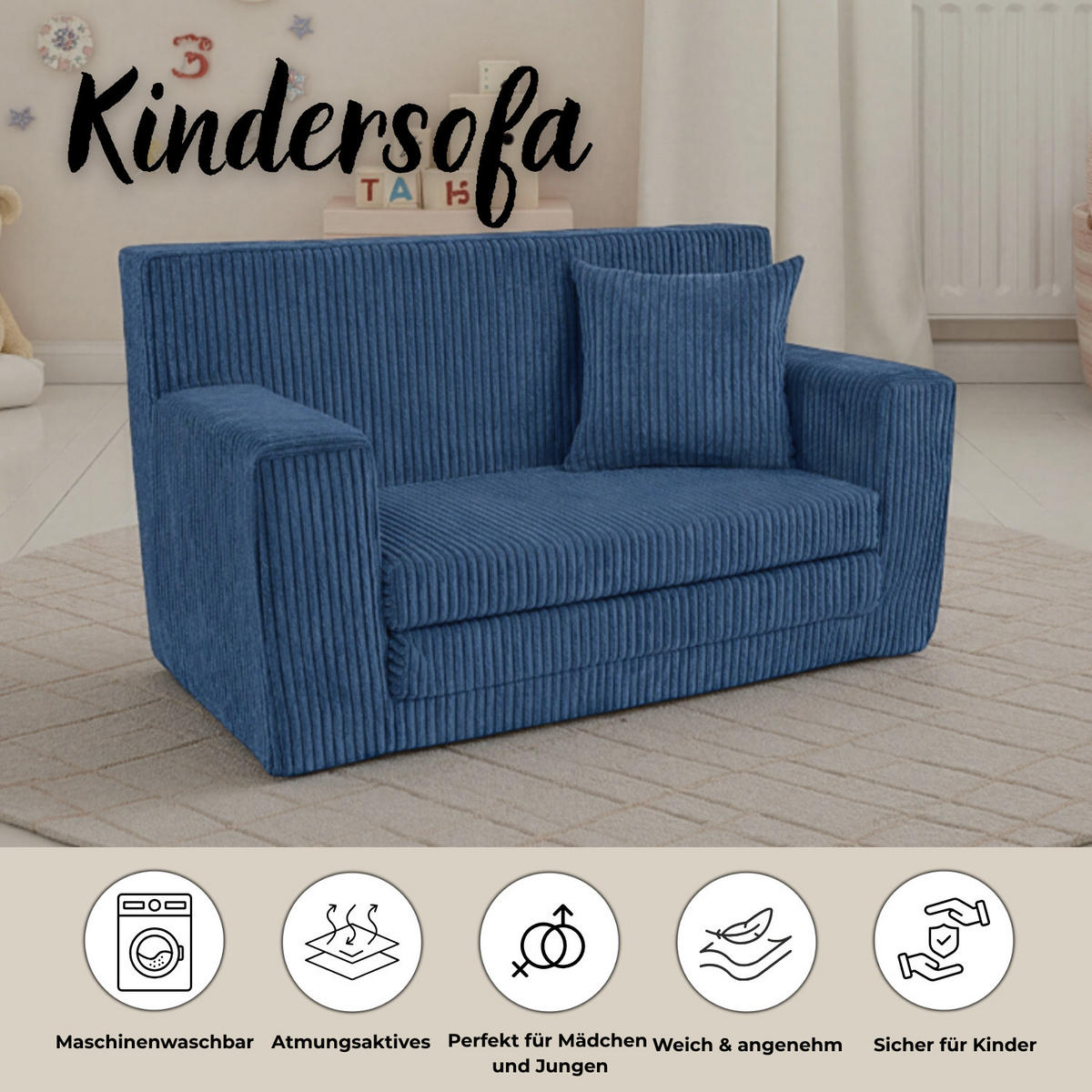 KINDERSOFA aus kuscheligem Cord in Navyblau - Dunkelblau, Textil (83/47/43cm) - Fortisline
