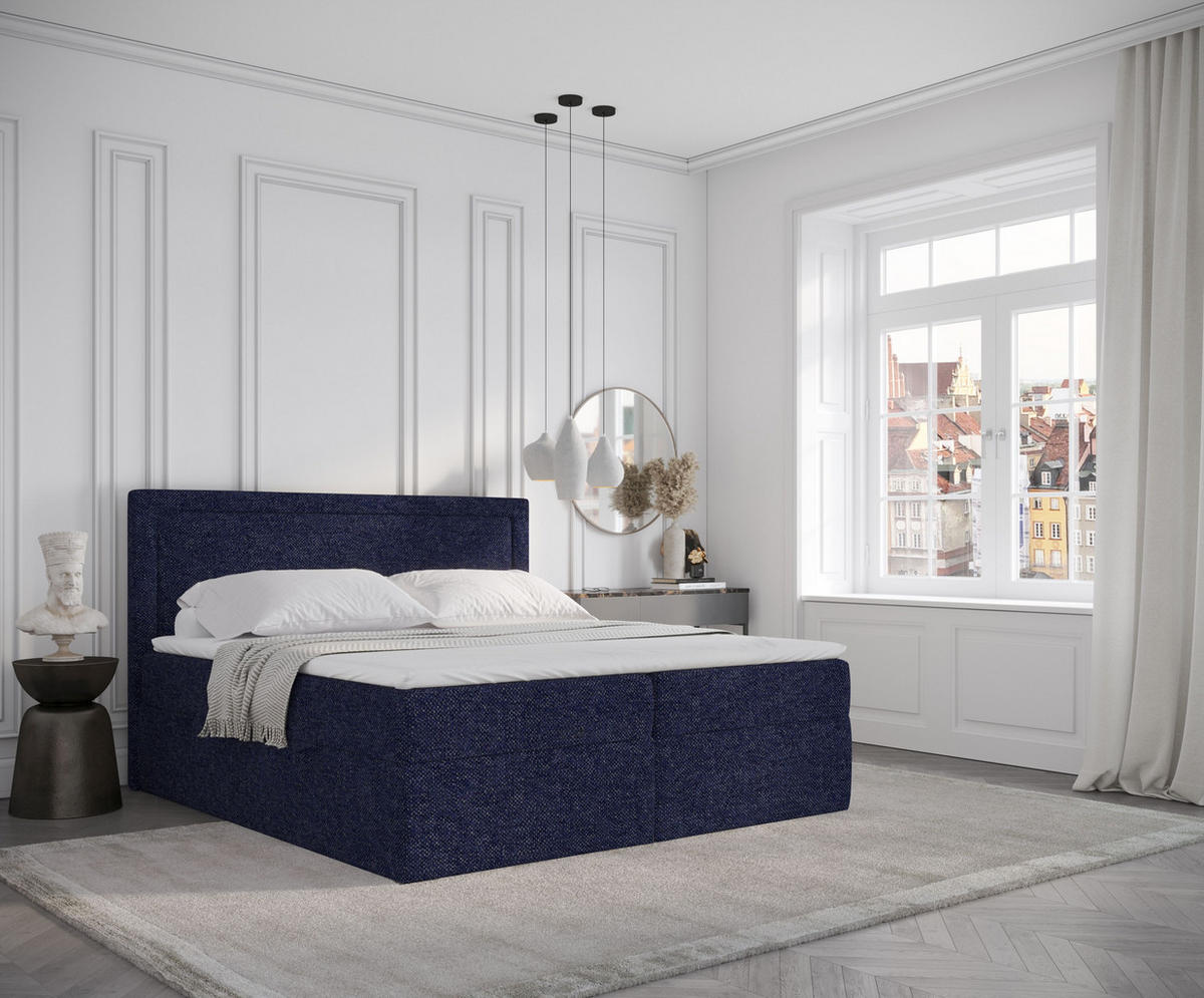 BOXBETT Tribeca Marineblau 180/200 cm mit Taschenmatratze und Topper - Schwarz/Dunkelblau, Holz/Holzwerkstoff (180/200cm) - Maison de Reve