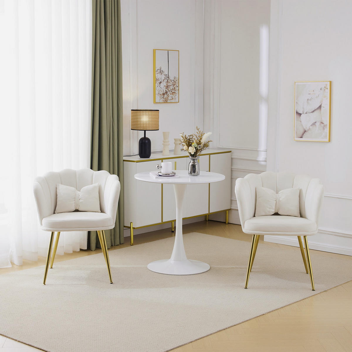 STUHL SET 2-TEILIG Samt Polster Blütenblatt-Rücken Goldfüße & Kissen Beige - Beige, Holz (62/43/54cm) - FLIEKS