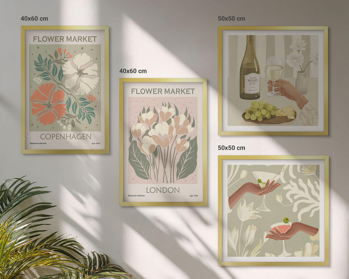 BILDER SET 4er Set - 50x50 cm & 40x60 cm Goldrahmen - Blumenposter Weinstadt - Goldfarben, Kunststoff (50/50cm) - TULUP