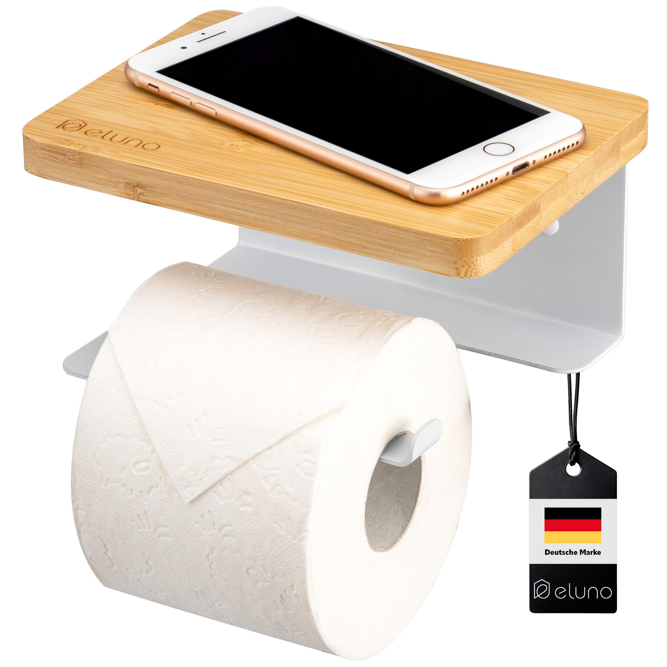 TOILETTENPAPIERHALTER VARAZ mit Ablage, Metall und Bambus - Weiß, Metall (18/9.5/13cm) - eluno