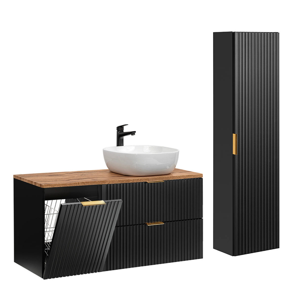 BADMÖBEL 120.8cm Adriel 2er-Set Schwarz und Holz - Schwarz, Holzwerkstoff (120.8/59/46cm) - Petits-meubles