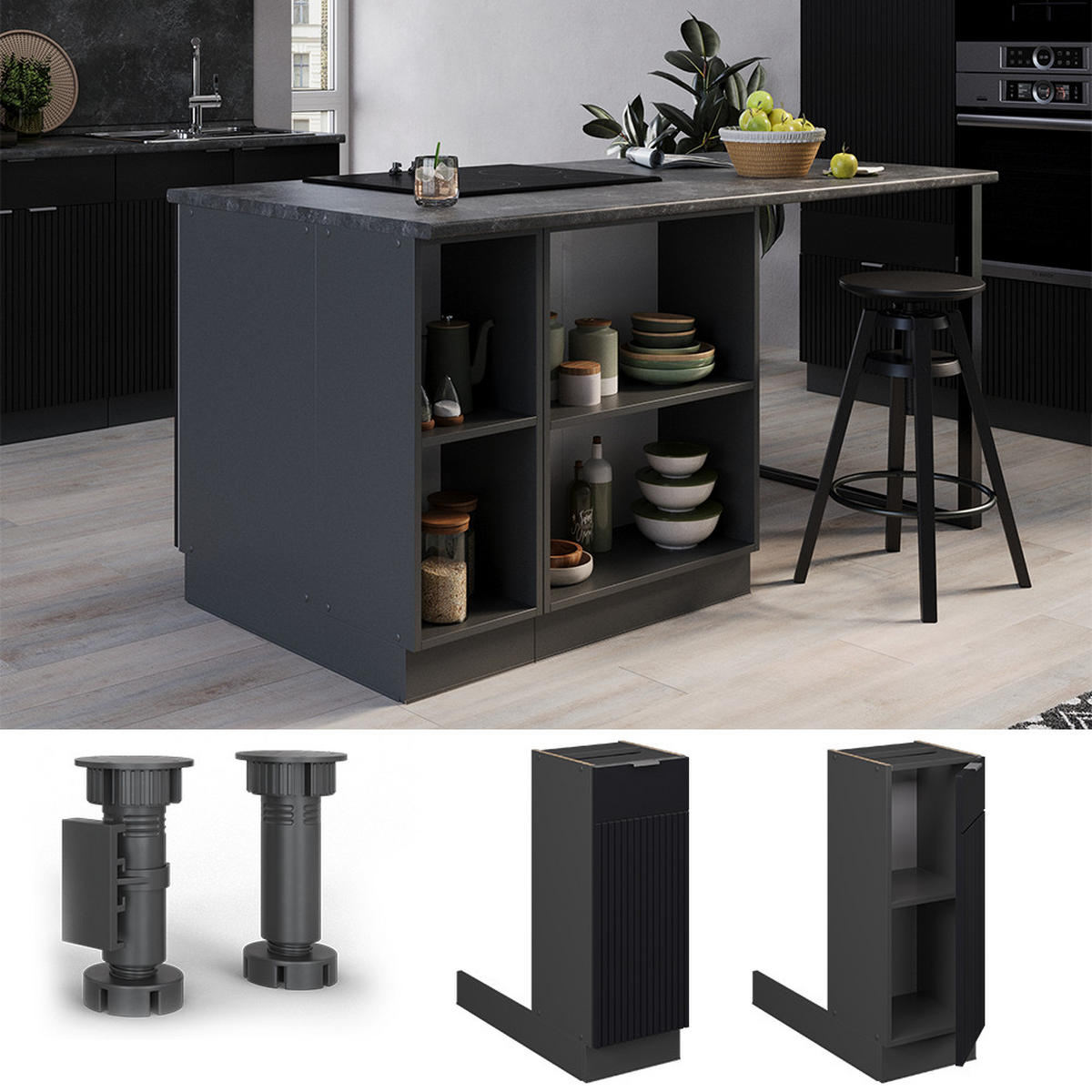 KUCHYŇSKÝ OSTROV Fame-Line, černé pruhy, 30 cm bez pracovní desky - černá/antracitová, kompozitní dřevo (30/82/70cm) - Vicco