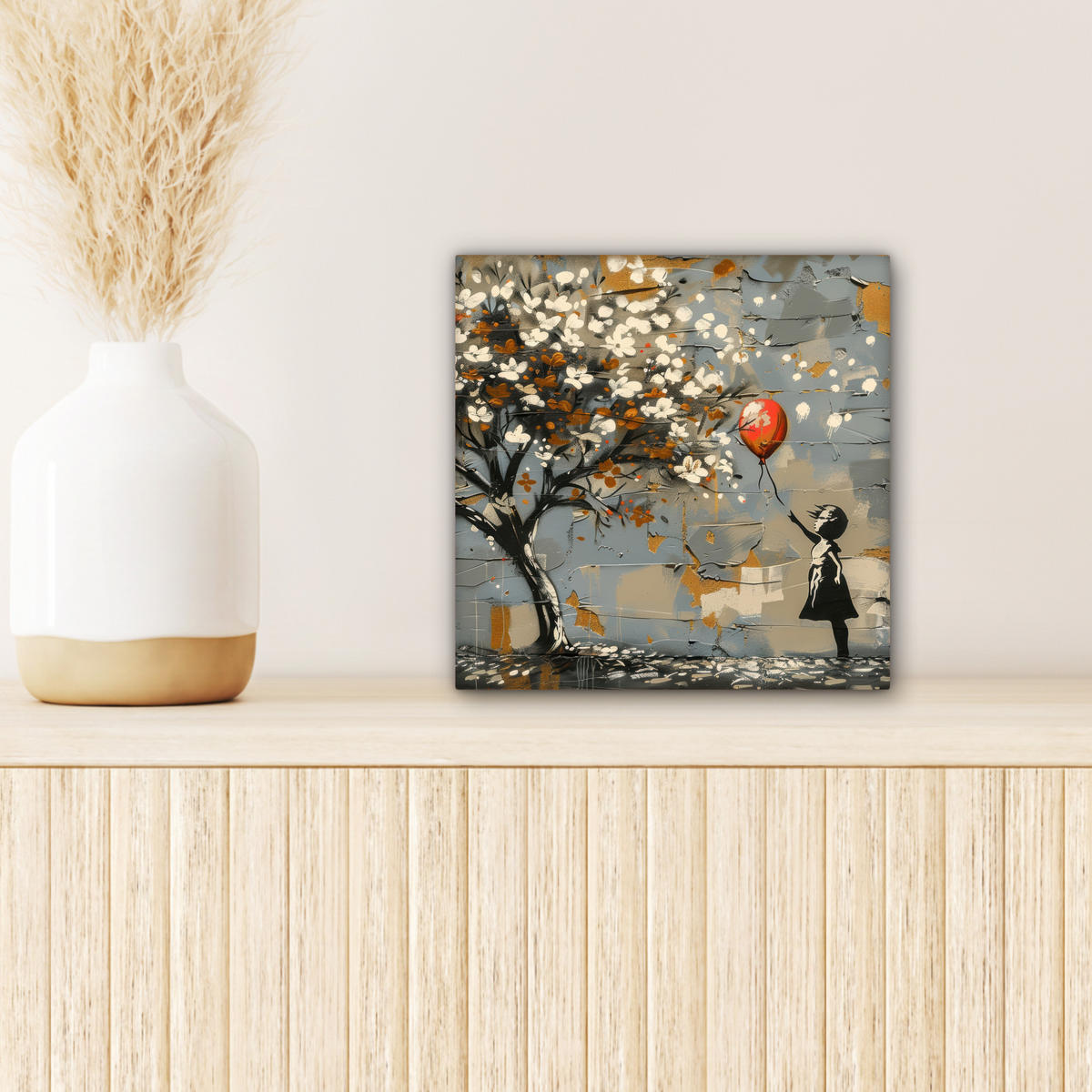 LEINWANDBILD Baum - Graffiti - Banksy-Stil - Ballon-Mädchen 20x20 cm - Blaugrau, Textil (20/20cm) - MuchoWow