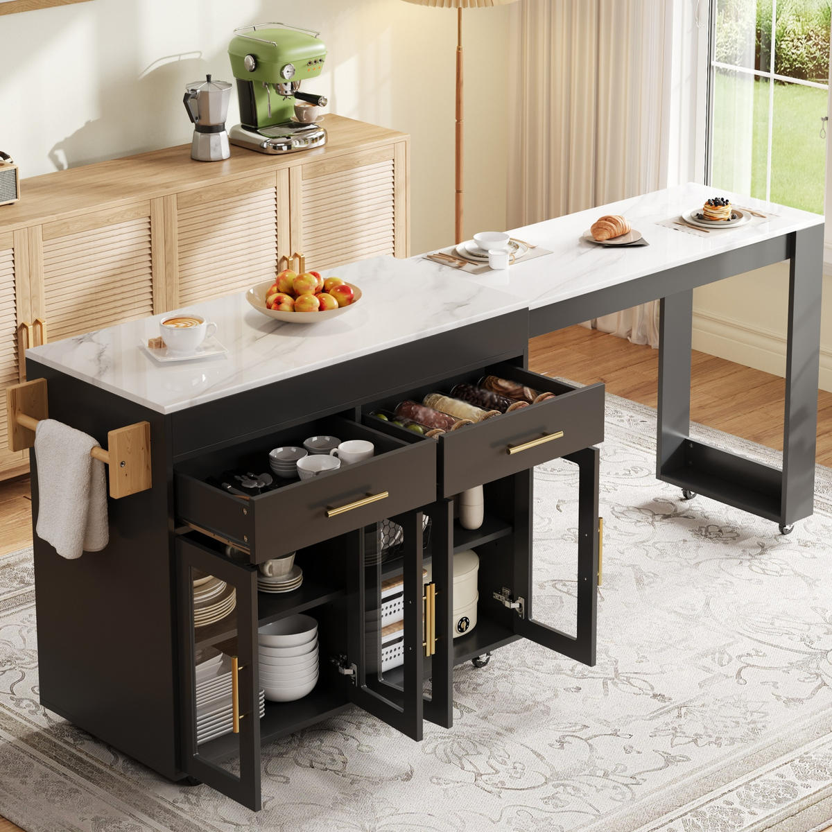 KUCHYŇSKÝ OSTROV v bílé a černé barvě s kolečky a rozkládací deskou do jídelny, Š132,5–217/H50/V93 cm - černá, kov/kompozitní dřevo (217/93/50cm) - STILVORA