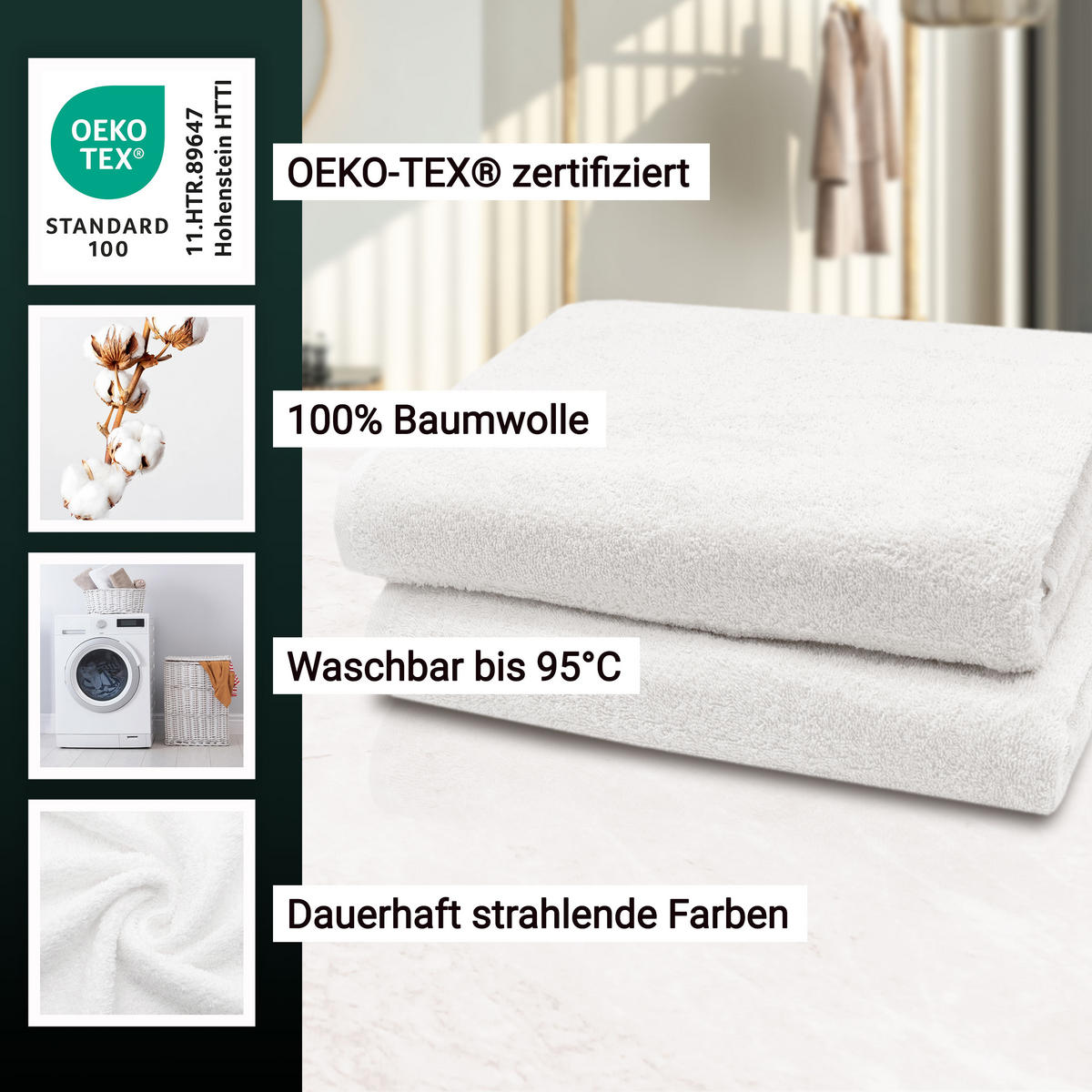 BADETUCH, 2er-Set, 100x150 cm, 100% Baumwolle, Weiß - Weiß, Textil (100/150cm) - Zollner