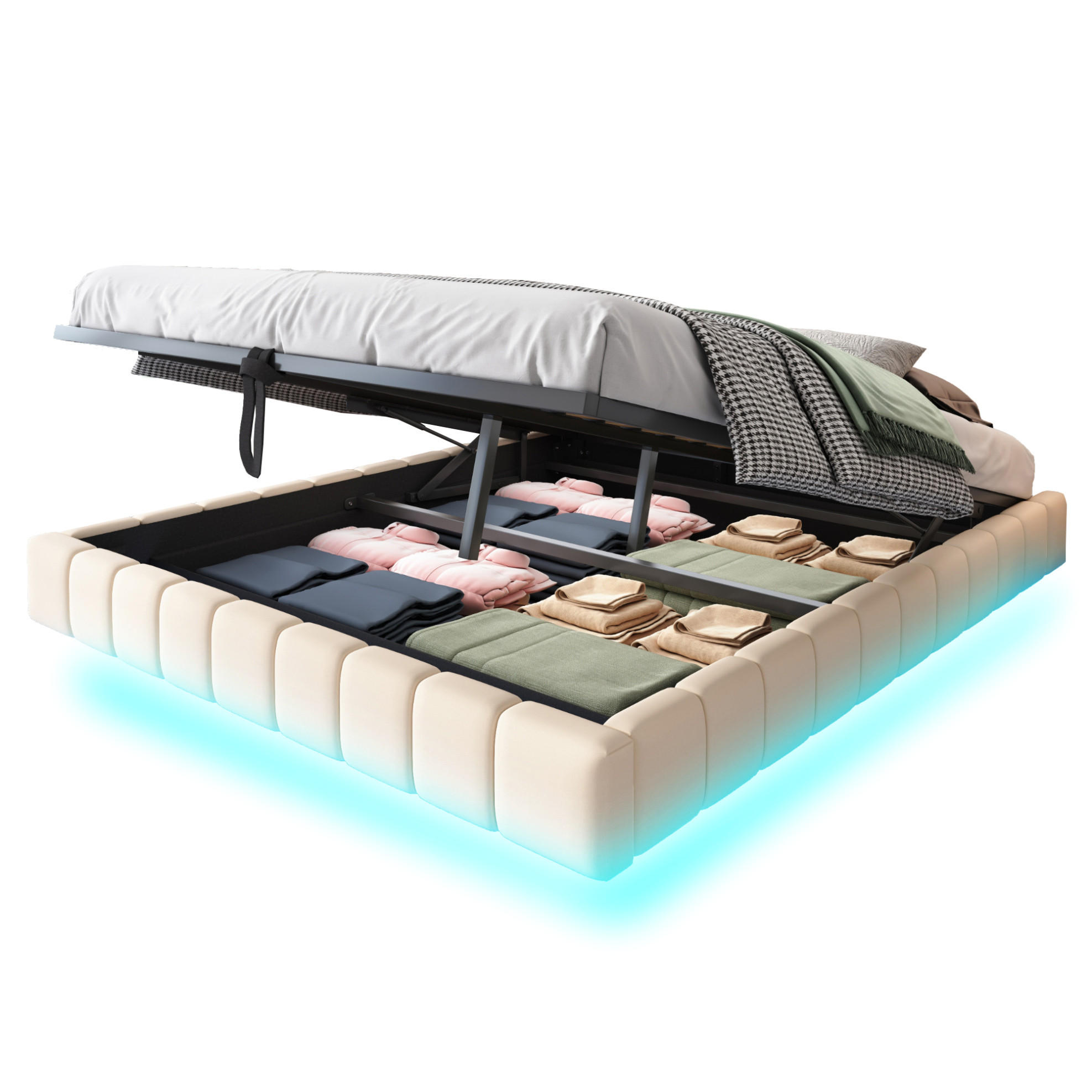 POLSTERBETT 160/200 cm Beige mit Stauraum und LED-Beleuchtung - Beige, Textil (160/200cm) - OKWISH