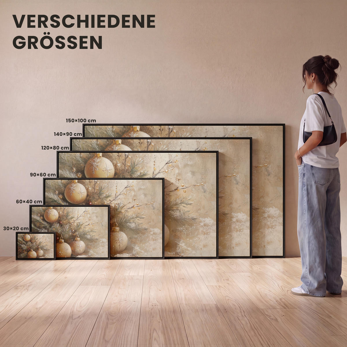 LEINWAND Bilder mit Rahmen - Weihnachten - Kugeln - Beige - Gold - 120x80 - Goldfarben, Textil (120/80cm) - MuchoWow