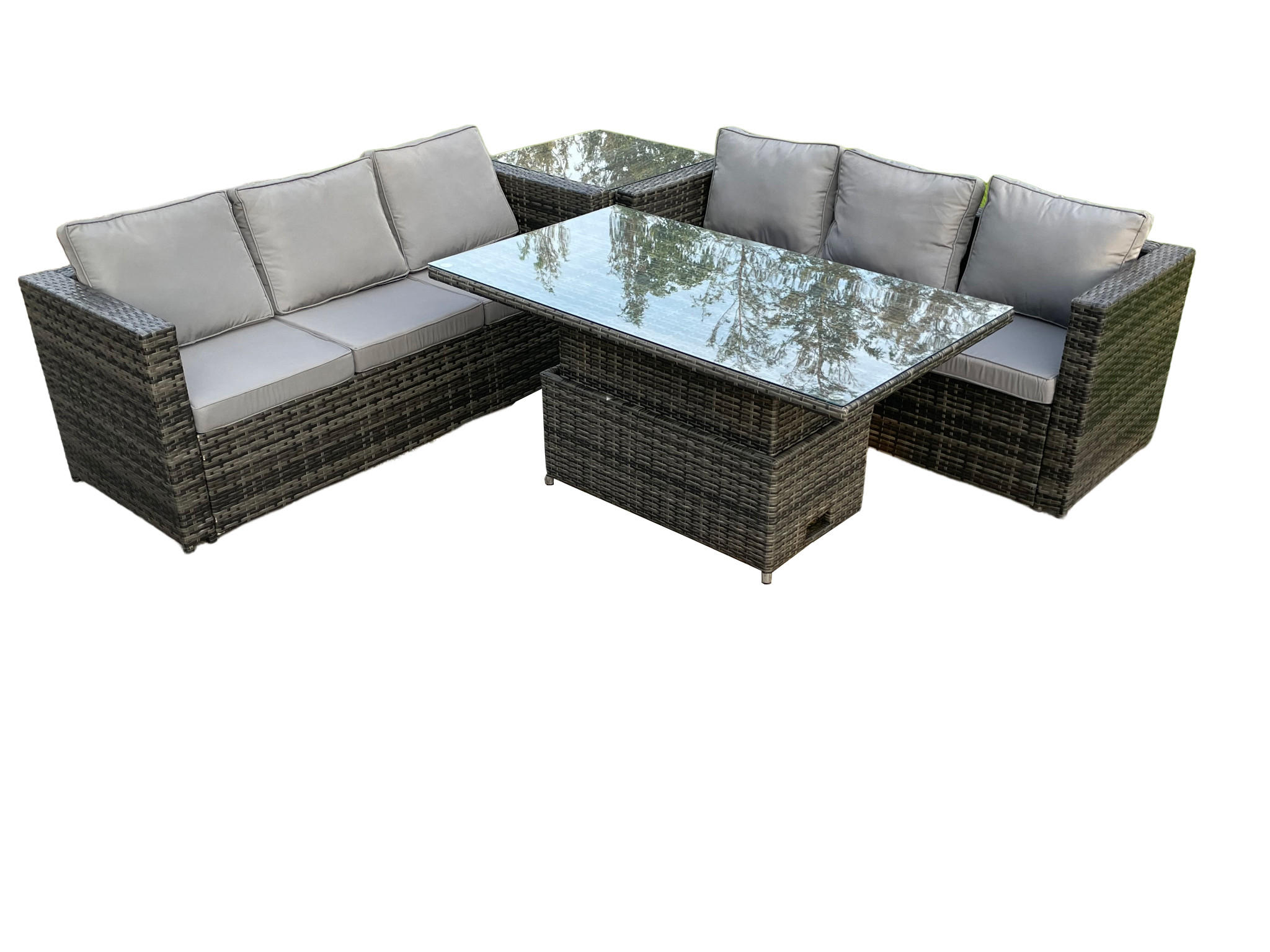 SITZGRUPPE Polyrattan 6-Sitzer - Dunkelgrau/Grau, Glas/Kunststoff - Fimous