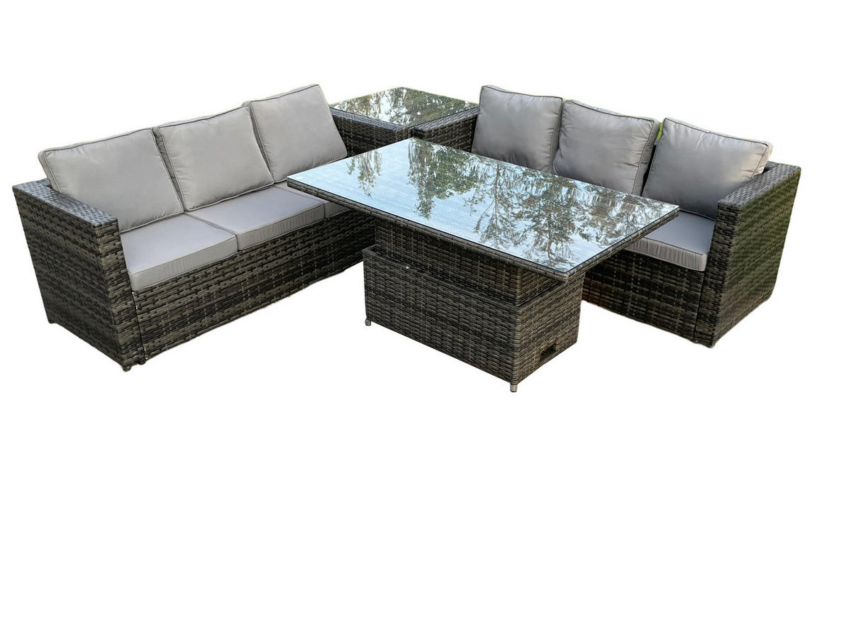 SITZGRUPPE Polyrattan 6-Sitzer - Dunkelgrau/Grau, Glas/Kunststoff - Fimous