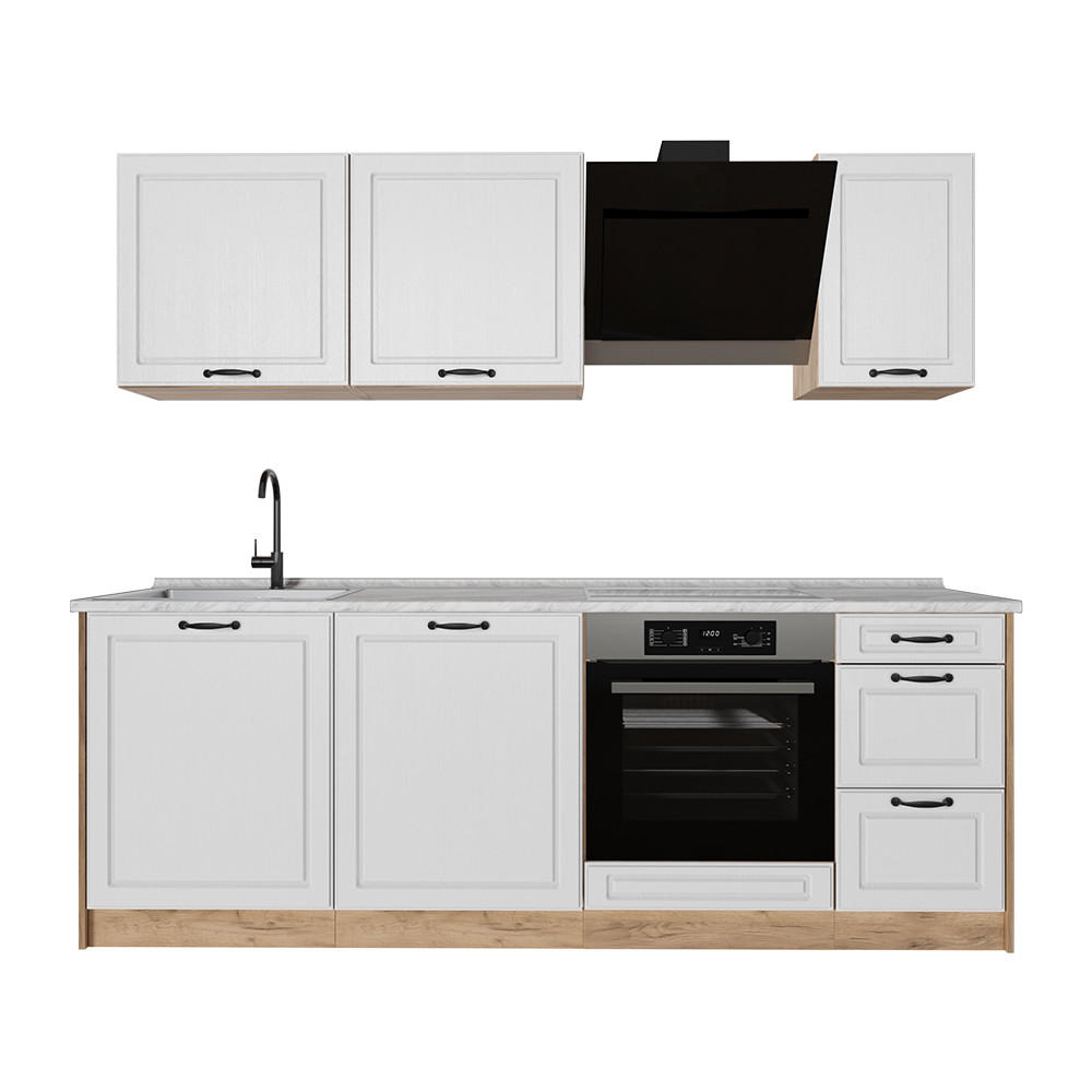 KUCHYNKA R-Line, Biely vidiecky dom/Dub Goldkraft, 220 cm Marmori työtaso - biela/dub medový, kompozitné drevo (220/81.6/60cm) - Vicco
