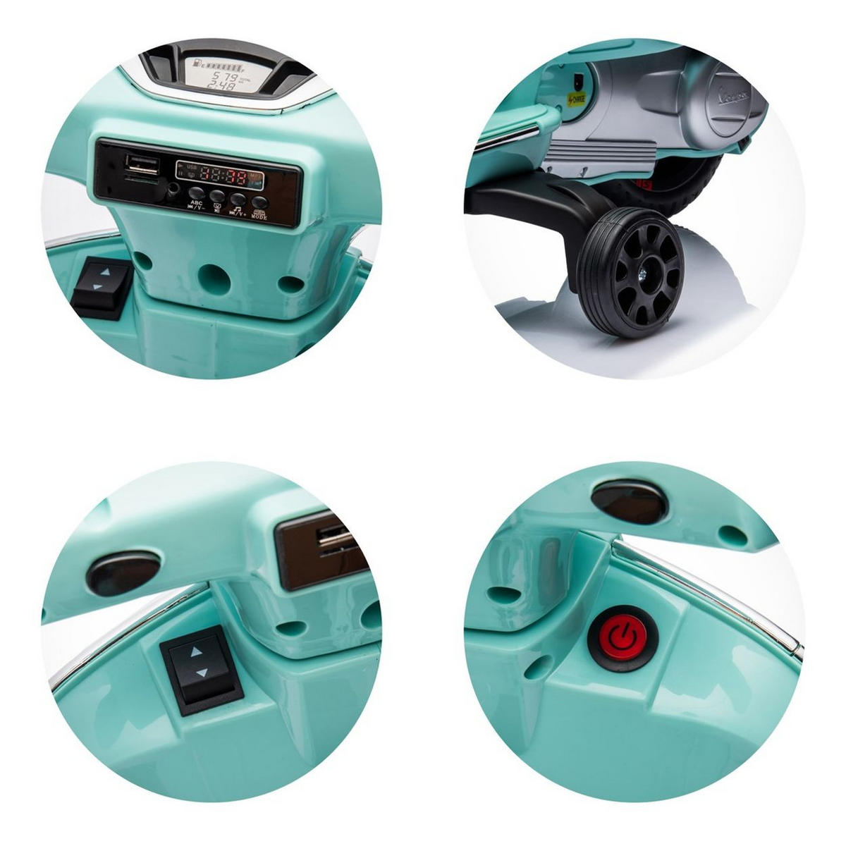 ELETROMOTORRAD Vespa GTS Super grün Heckstaufach Musik MP3 Licht 2-3 km/h - Grün, Kunststoff (66102/50/75cm) - Chipolino