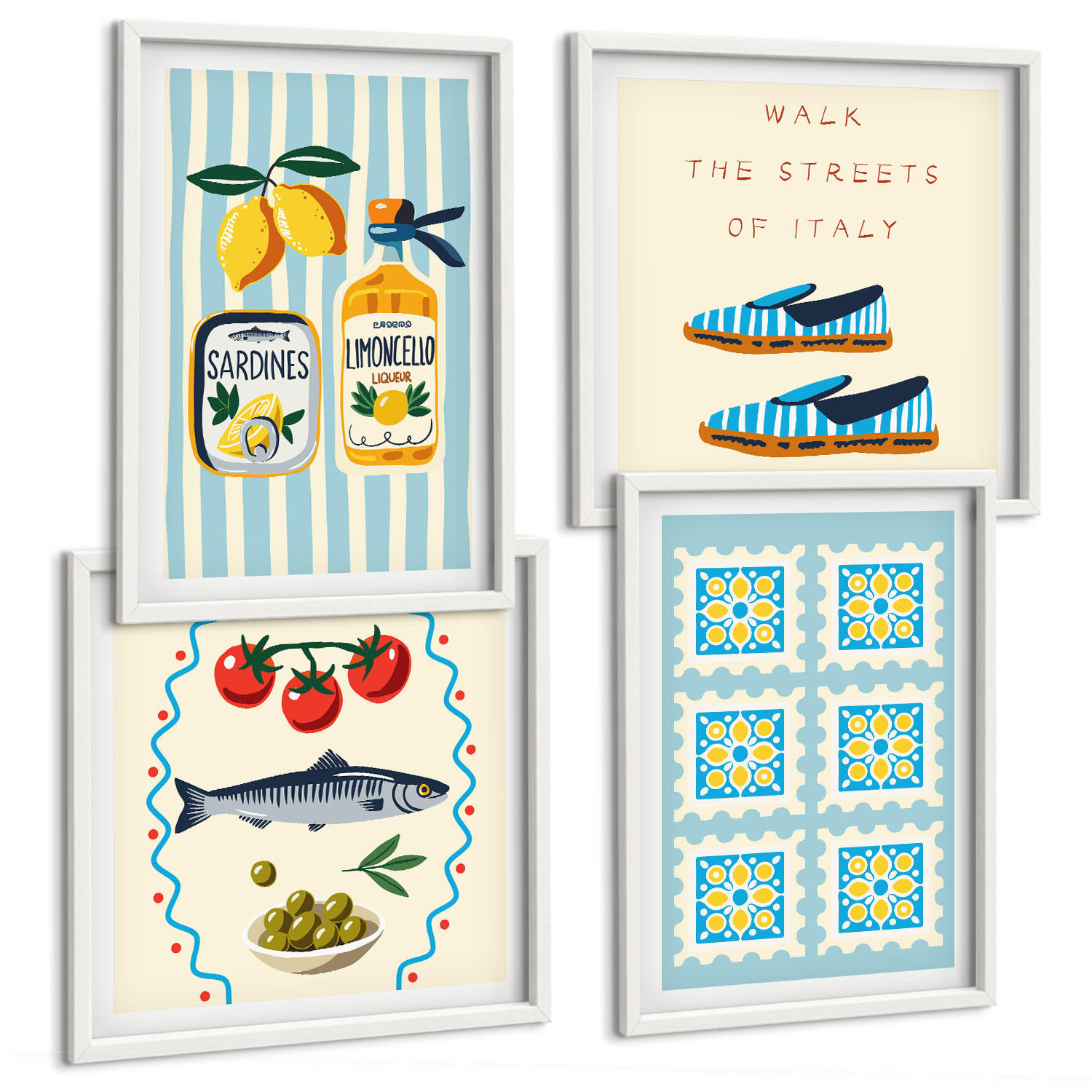 BILDER SET 4er Set - 50x50 cm & 40x60 cm Weißer Rahmen - Fruchtmuster und italienische Kultur - Weiß, Kunststoff (50/50cm) - TULUP