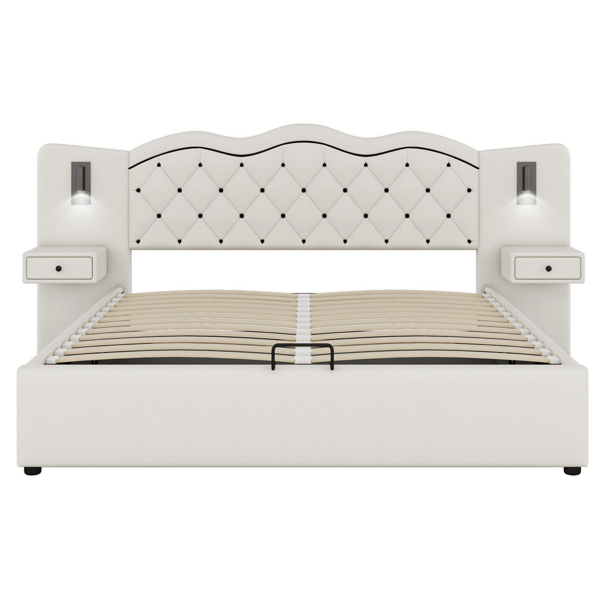 ČALOUNĚNÁ postel 180/200 cm béžová z lnu a MDF s úložným prostorem, USB a osvětlením - béžová, textil (180/200cm) - OKWISH