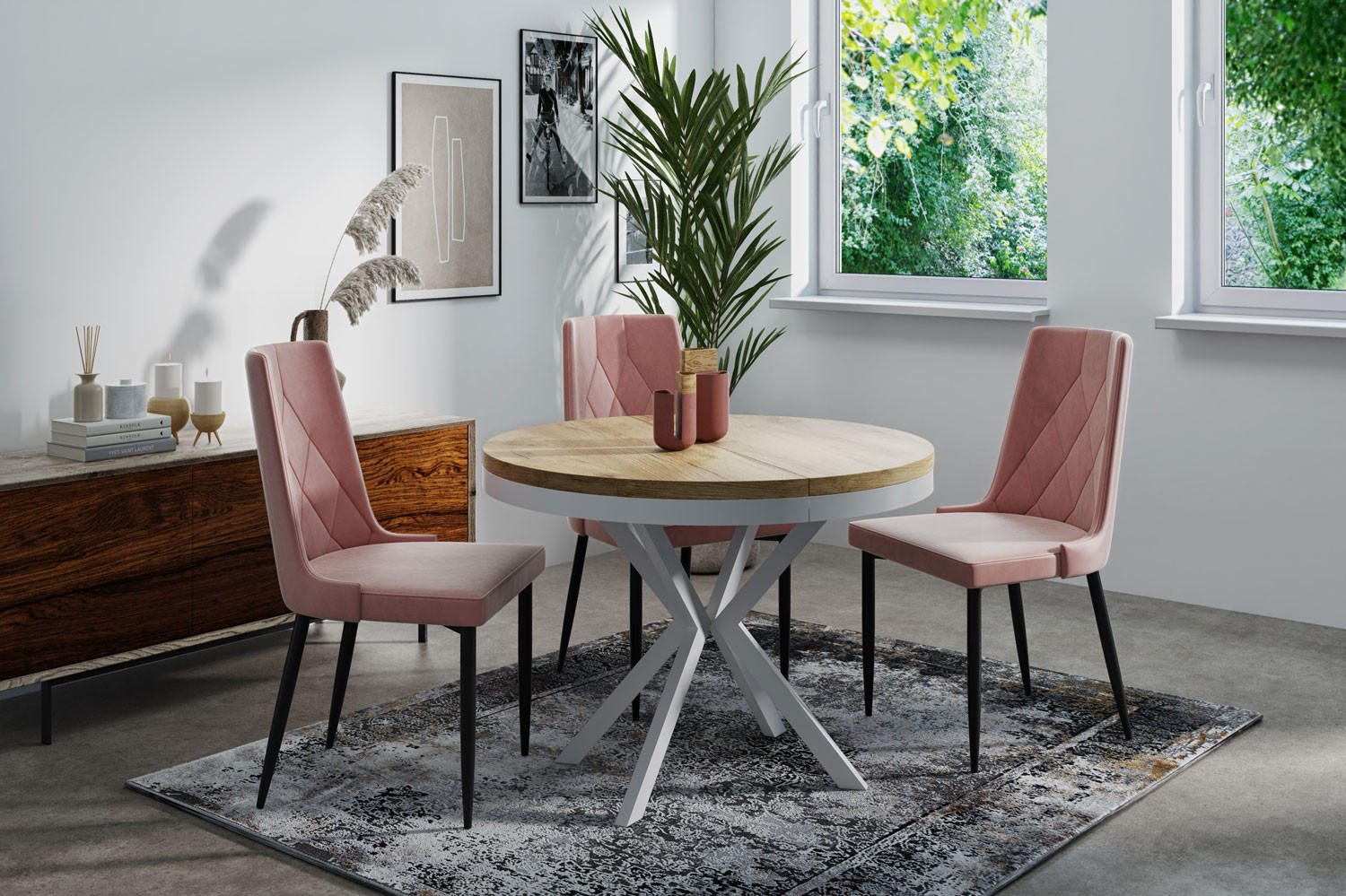 ESSTISCH Cloud runder ausziehbarer, Craft Eiche 90-170/90/76 cm - Eiche Wotan/Weiß, Holzwerkstoff/Metall (90/90/76cm) - WFL GROUP