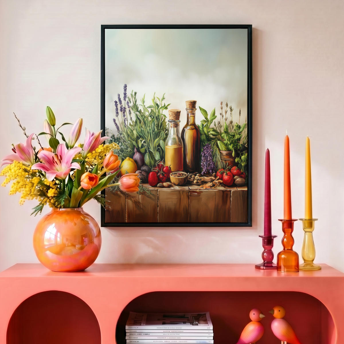 LEINWAND Bilder mit Rahmen - Stilleben - Kräuter - Gewürze - Früchte - Farbenfroh - 30x40 - Grün, Textil (30/40cm) - MuchoWow