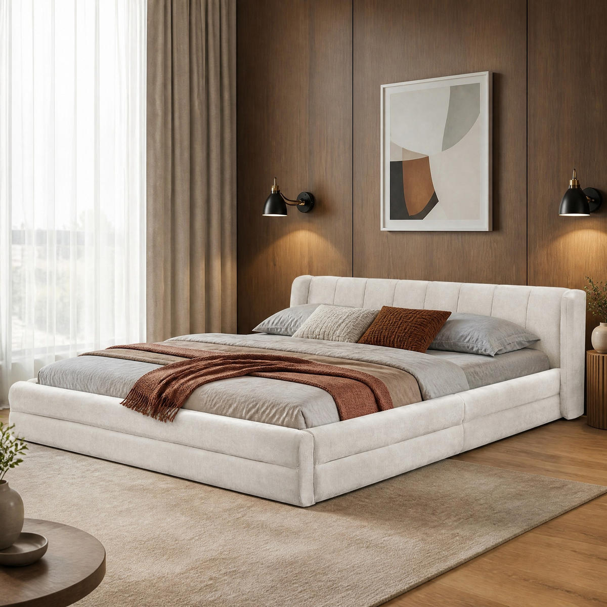 POLSTERBETT 140/200 cm in Beige Chenille mit Gepolstertem Kopfteil - Beige, Holzwerkstoff/Textil (140/200cm) - CHICFURN