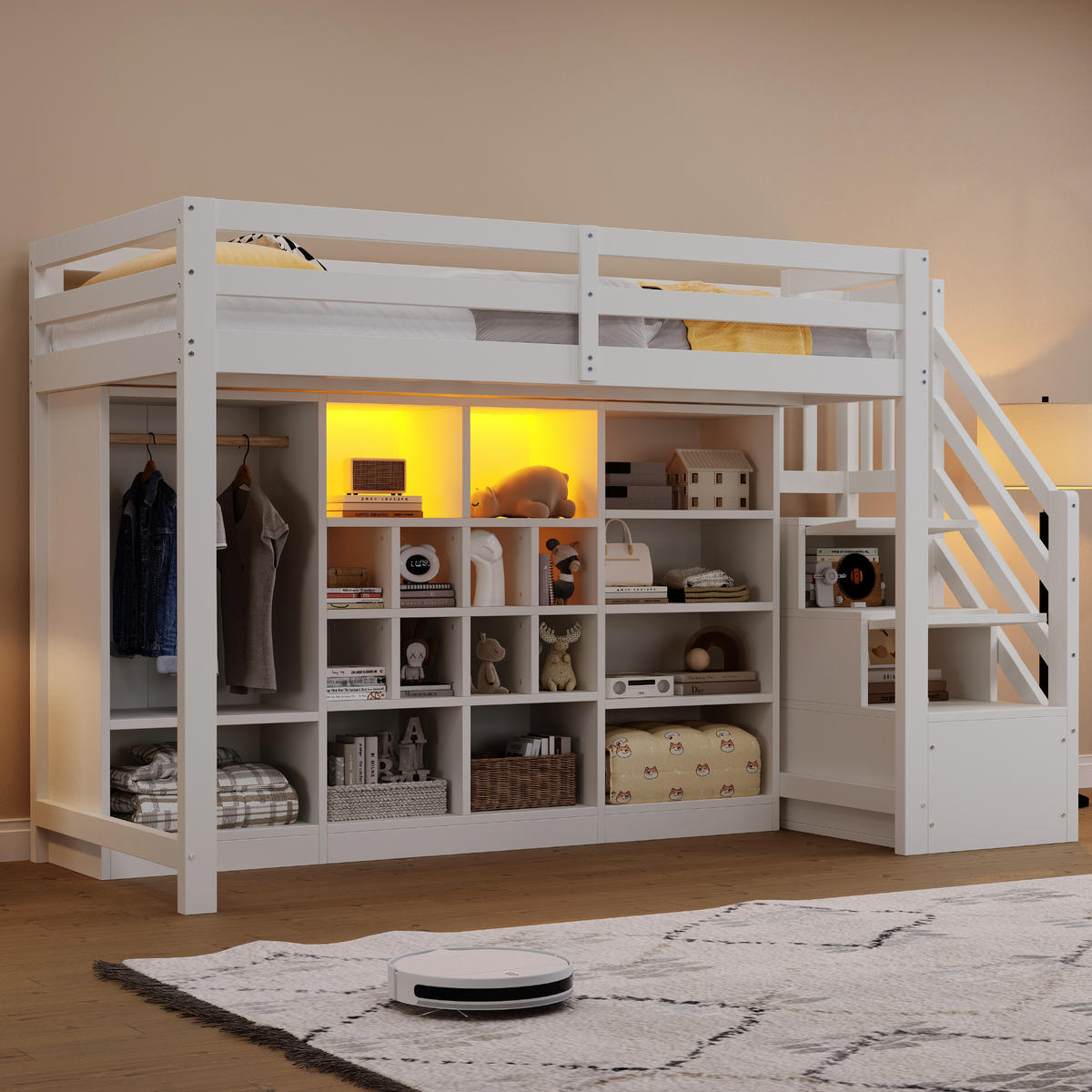 HOCHBETT 90/200 cm mit LED-Beleuchtung, Stauraumfächern, Kleiderschrank und Seitenleiter aus , Weiß - Weiß, Holzwerkstoff (90/200cm) - Redom