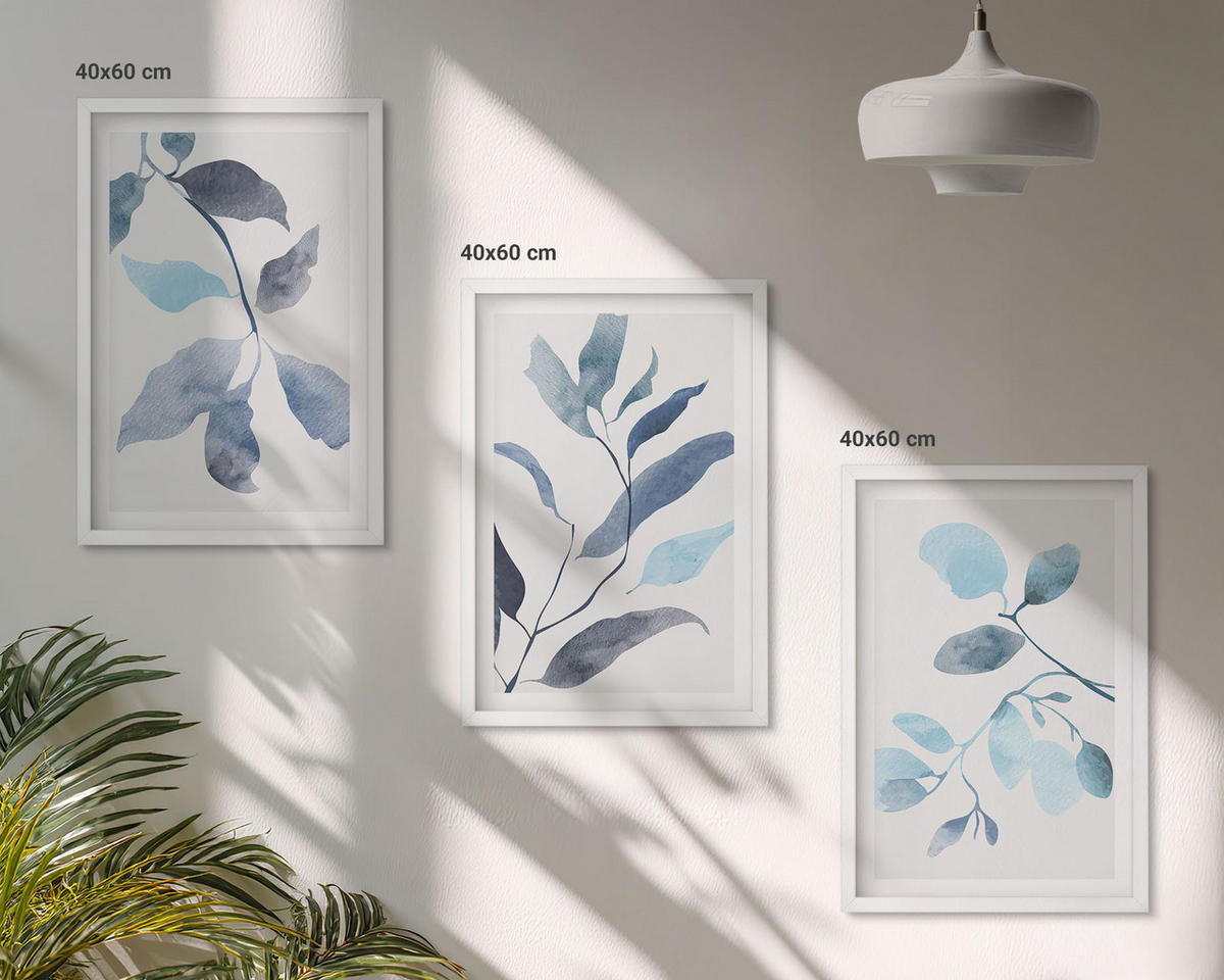 WANDBILDER 3er-Set - 40x60 cm Weißer Rahmen - Aquarell von blauen Blättern - Weiß, Kunststoff (40/60cm) - ArtPrintCave