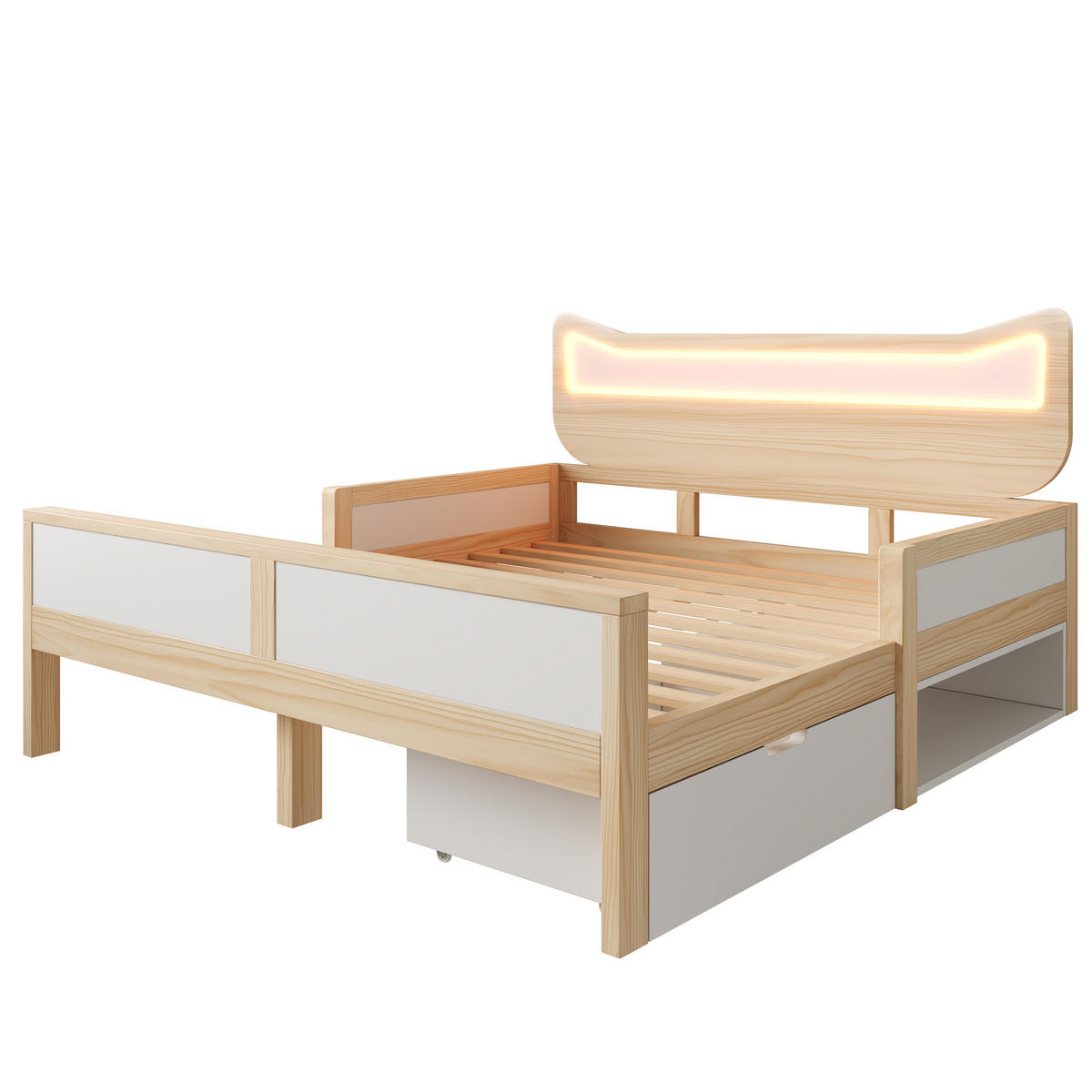 BETT mit Katzenkopfteil und LED 140x200 cm Weiß/Eiche mit Schublade - Weiß, Holz (140/200cm) - Meubliv
