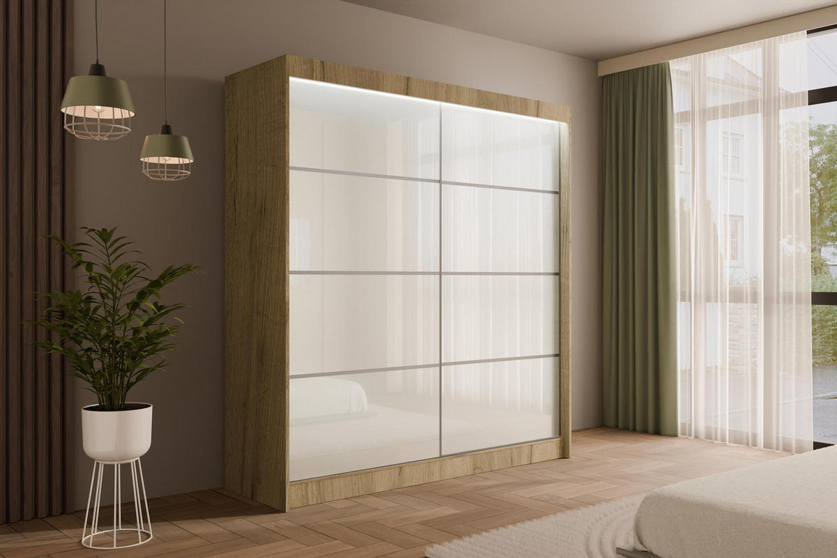 KLEIDERSCHRANK PEKA III mit LED - 200 cm - Braun|Weiß - Braun/Weiß, Holzwerkstoff (200/215/61cm) - ALTDECOR