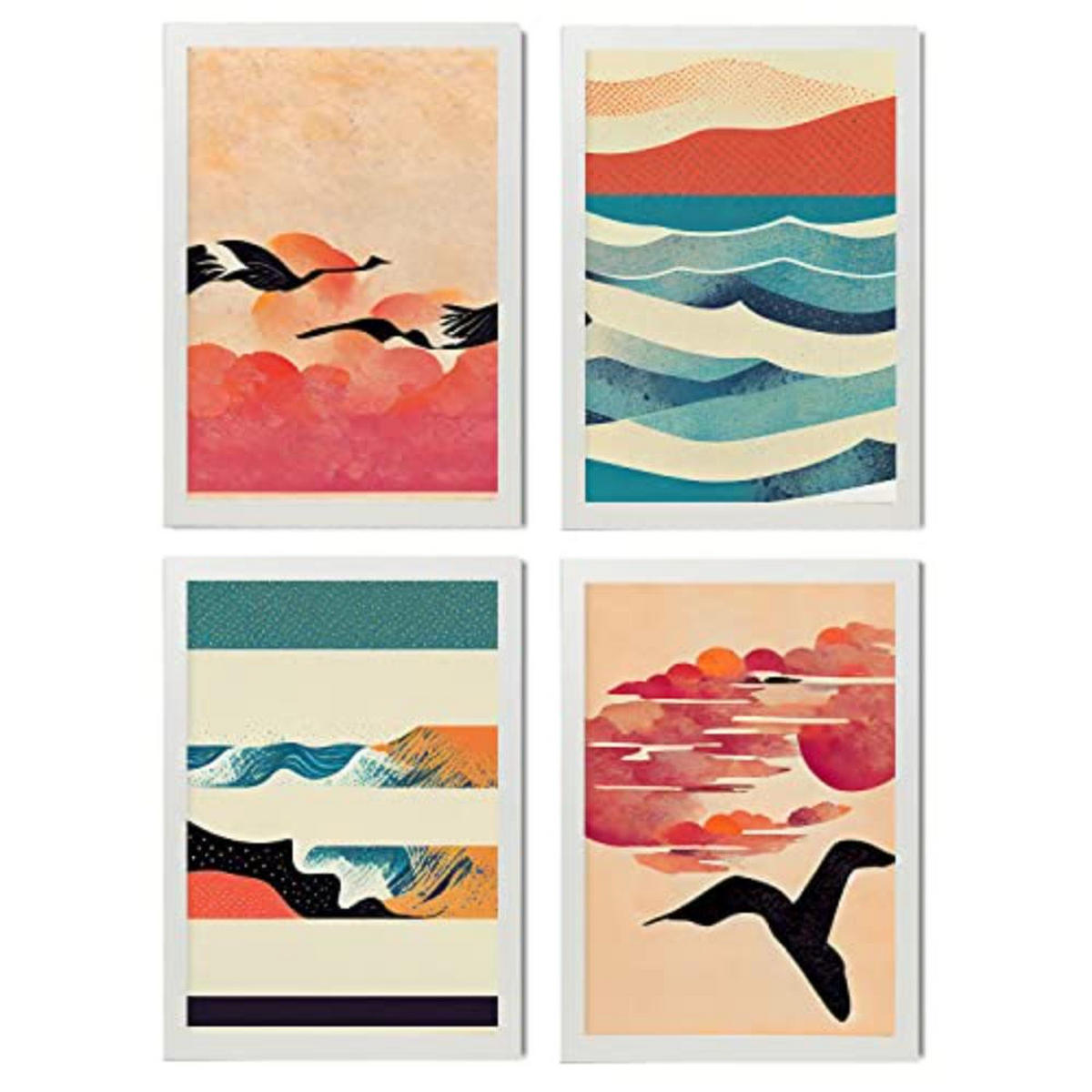 POSTER Set mit 4 Vogel im Abstrakt Moderne Galaxien A4 Weißer Rahmen - Weiß, Papier (29.7/3cm) - Nacnic