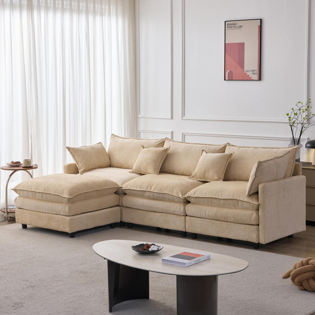 ECKSOFA mit Hocker 3-Sitzer Chenille Light Coffee - Braun, Holz (154/267cm) - Meubliv