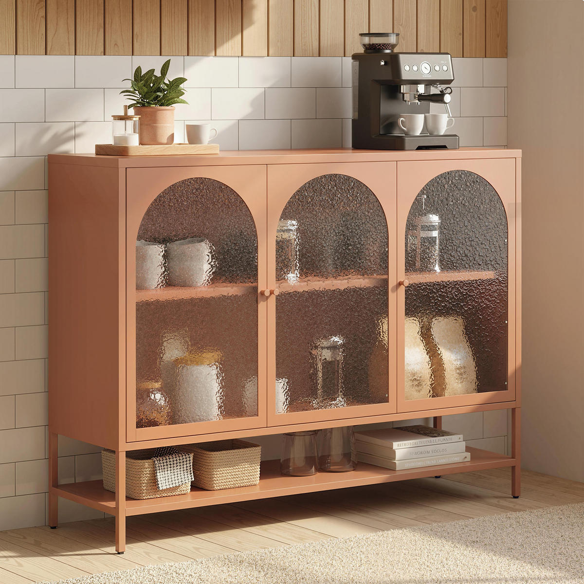 SIDEBOARD DE-11292 3 gebogene Glastüren Rost - Rot, Metall (140/105/40cm) - ComfortXL