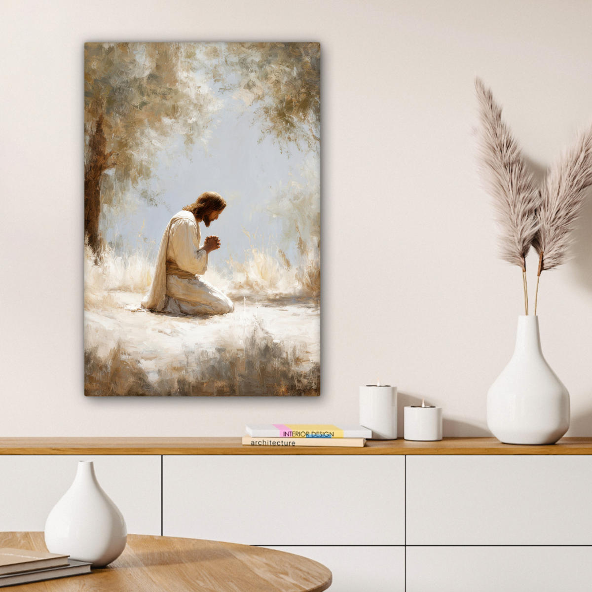 LEINWANDBILD Jesus - Kniend - Waldlandschaft - Betend Wanddeko 40x60 cm - Beige/Hellblau, Textil (40/60cm) - MuchoWow