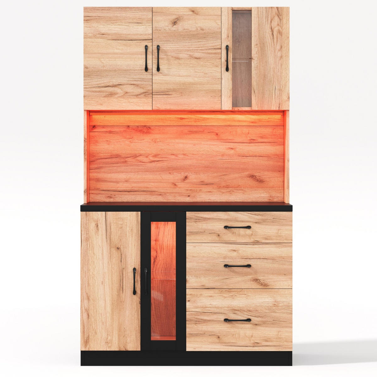 BUFFET 105/40/180 cm aus MDF mit LED-Beleuchtung und Steckdosenleiste Schwarz (Holzoptik) - Naturfarben, Holzwerkstoff (105/180/40cm) - Modenvie