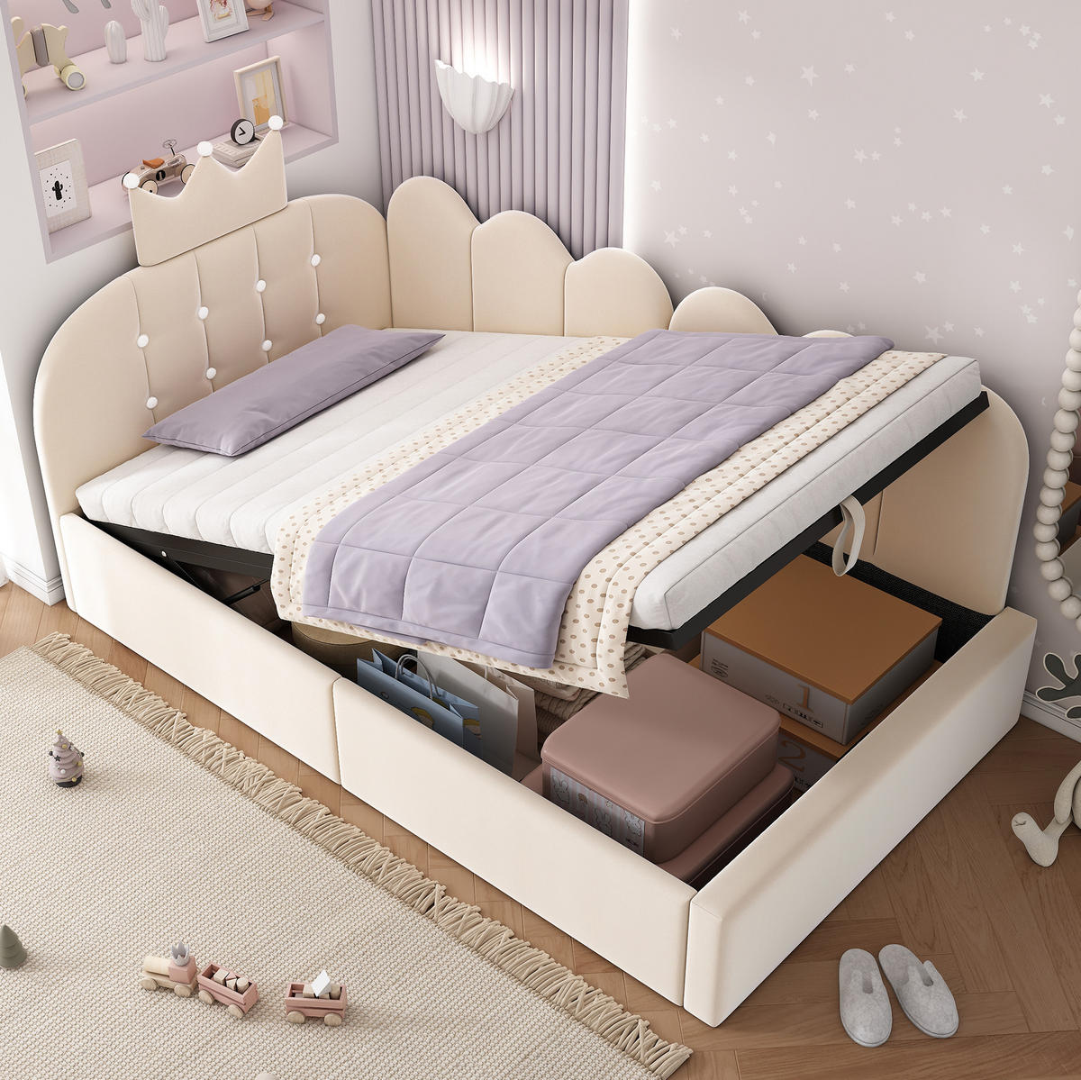 KINDERBETT Polsterbett 90/190 cm aus Samt mit hydraulischem Stauraum Beige - Beige, Textil (90/190cm) - Modenvie