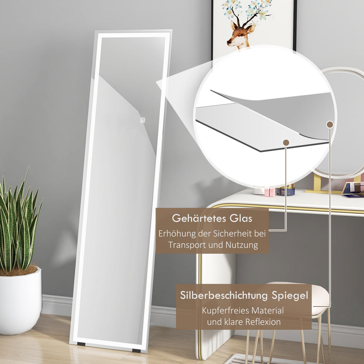 GANZKÖRPERSPIEGEL, 40 x 150 cm Standspiegel, Wandspiegel mit LED-Leuchte - Weiß, Glas (40/2.9/150cm) - HOMCOM