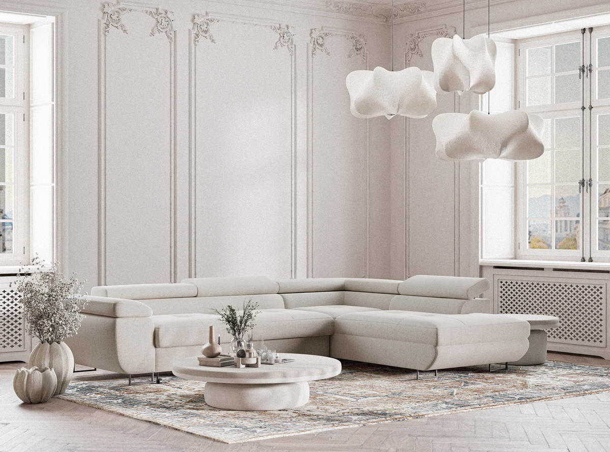 ECKSOFA Concord Hellbeige Webstoff - Rechts Seite - Creme/Schwarz, Holz/Holzwerkstoff (277/203cm) - Maison de Reve