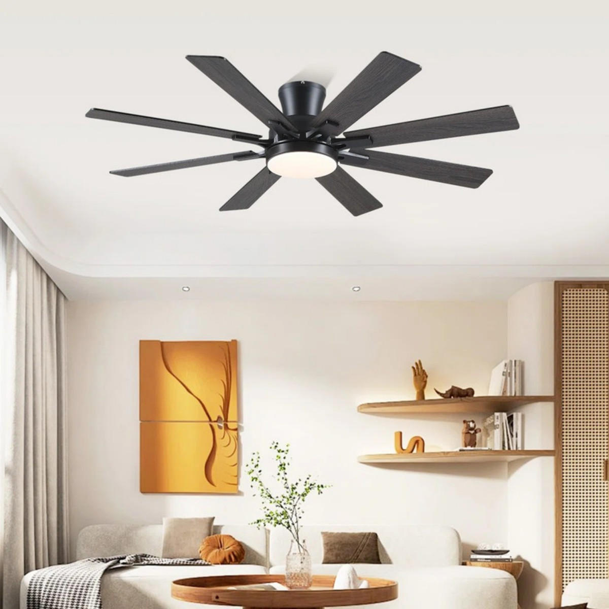 DECKENVENTILATOR Schwarz 132 cm mit 8 Flügeln LED und leisem DC-Motor - Schwarz, Metall (132/132/27cm) - Surtime