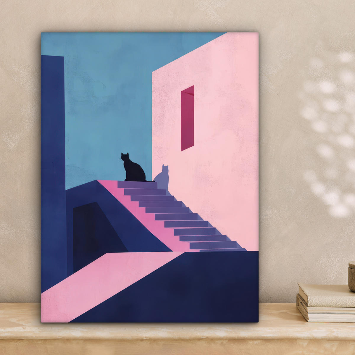 LEINWANDBILD Katze - Treppe - Gebäude - Schattenkontraste Room Decor 30x40 cm - Dunkelblau, Textil (30/40cm) - MuchoWow