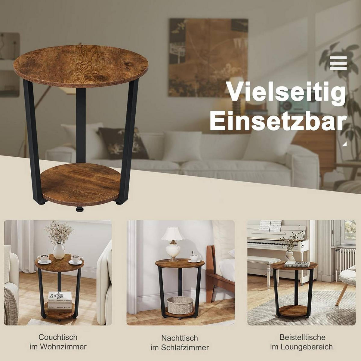 COUCHTISCH rund, mit 2 Ablagen, Vintage-Braun - Dunkelbraun, Holzwerkstoff/Metall (50/50/53cm) - Woltu