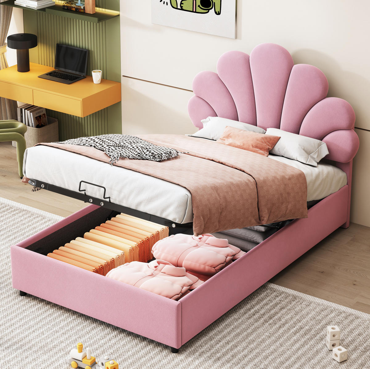 POLSTERBETT 90/200 cm mit hydraulischem Bettkasten, floralem Samt-Kopfteil und Lattenrost, Rosa - Rosa, Textil (90/200cm) - Redom